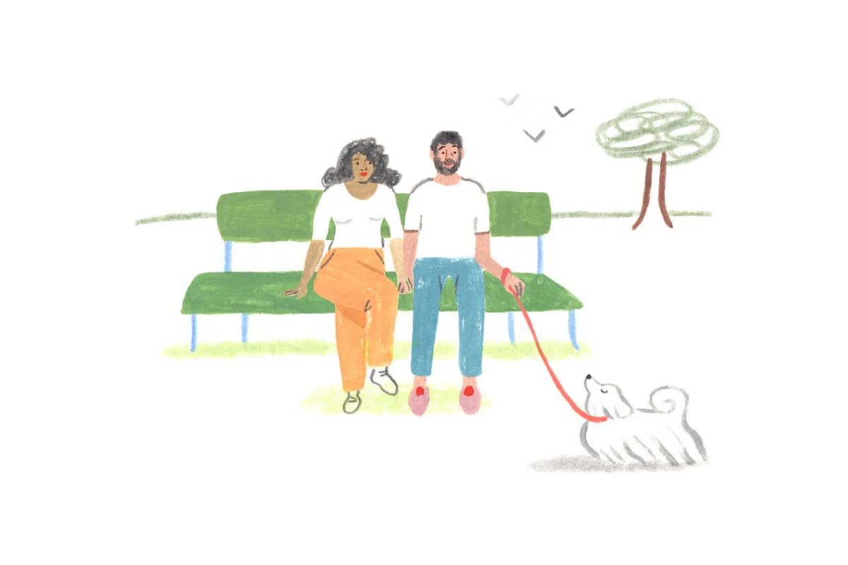 A Monarch by SimplePractice illustration of a couple holding hands while sitting on a green bench next to a small white dog. 