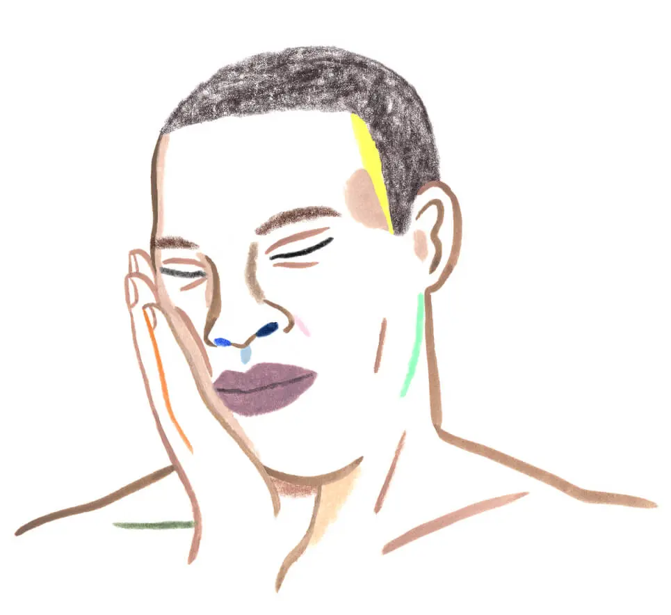 A Monarch by SimplePractice illustration of a man with brown hair and eyes closed leaning his head on his hand.