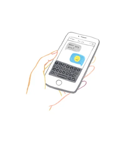 A Monarch by SimplePractice illustration of a hand holding a phone with texts on the screen. 