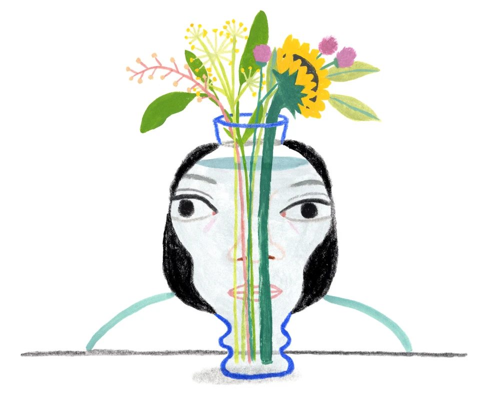 Therapy 101 original illustration of mental disorders and a face reflected in a vase holding flowers