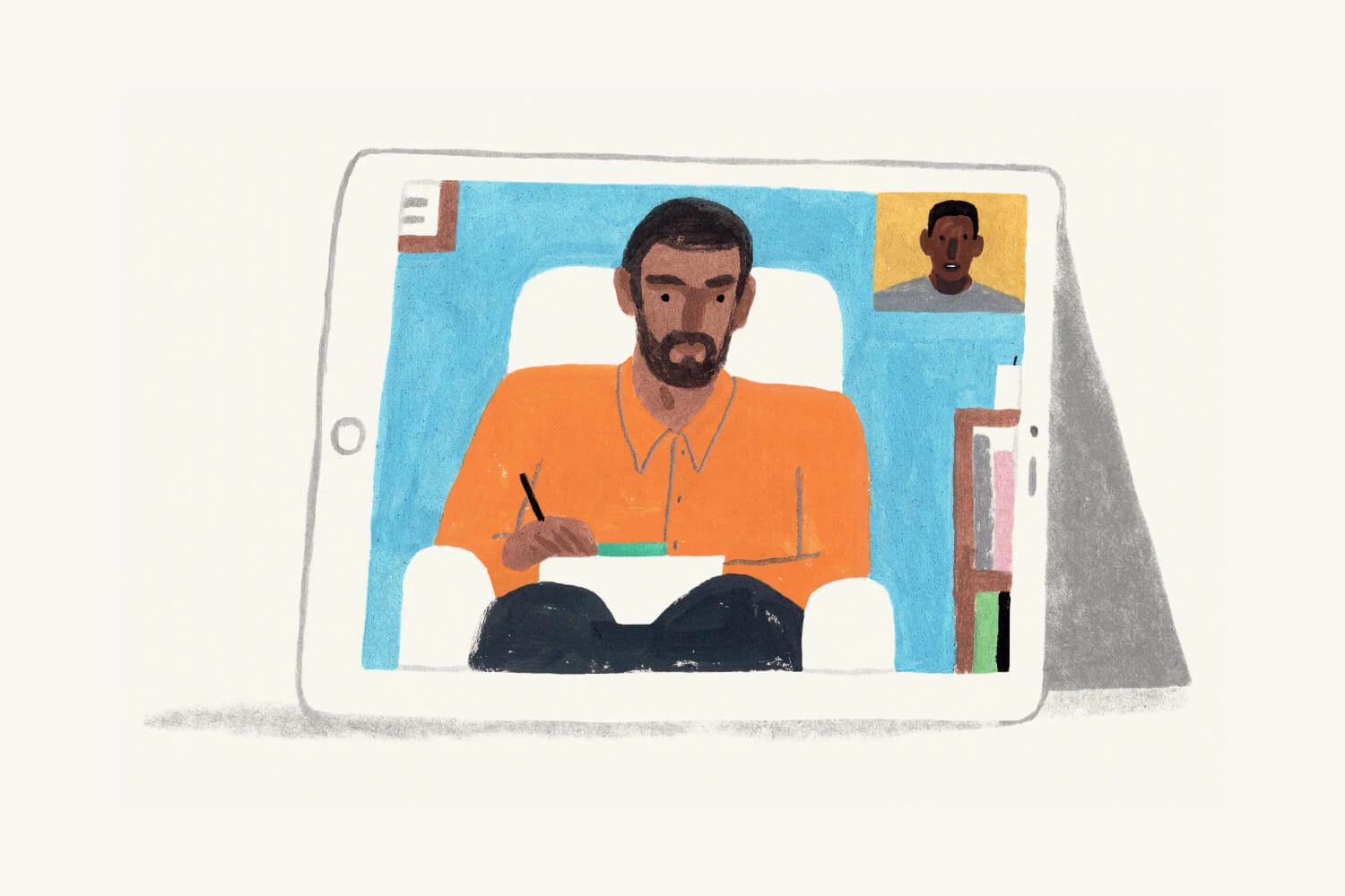 A black male therapist attends a telehealth session on an ipad. He's taking notes. 