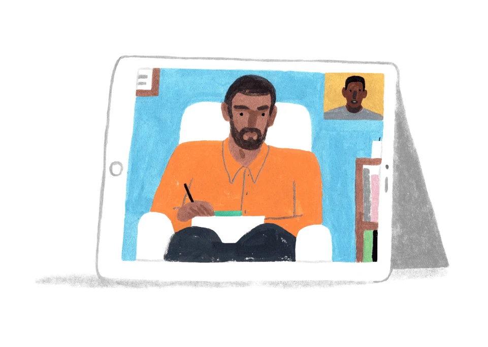 A Monarch original illustration of a therapist covered by insurance meeting with their client over a video chat