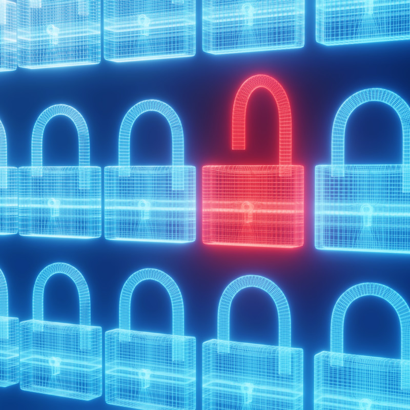 Row of padlocks with one open padlock among them, representing a gap in cyber security.