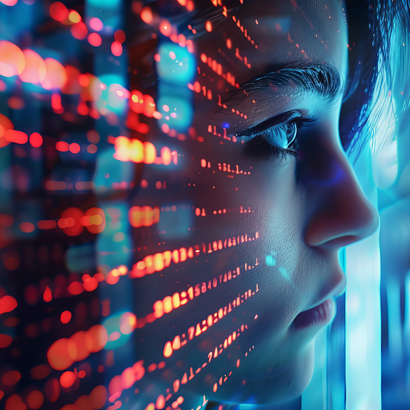 Woman's face seen amidst digital lighting