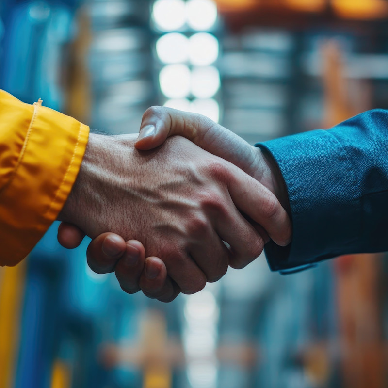two people shaking hands on a factory floor.