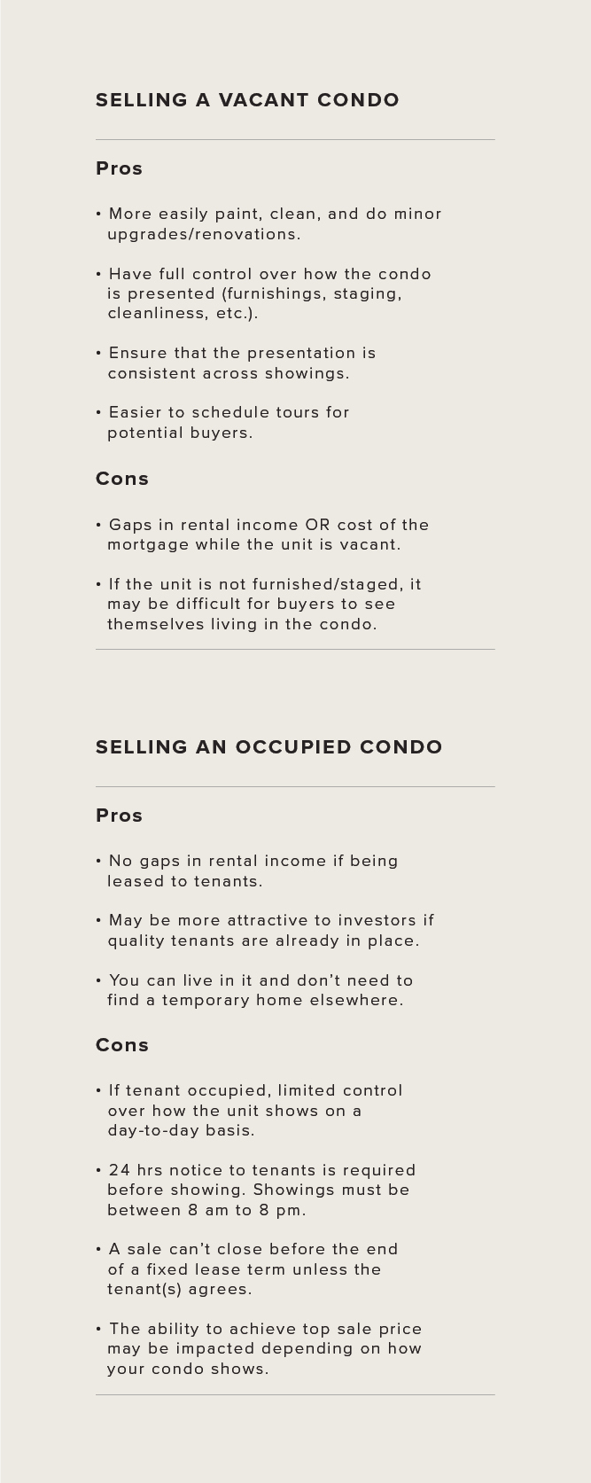 Pros and cons list of Selling a Vacant Condo and Selling an Occupied Condo