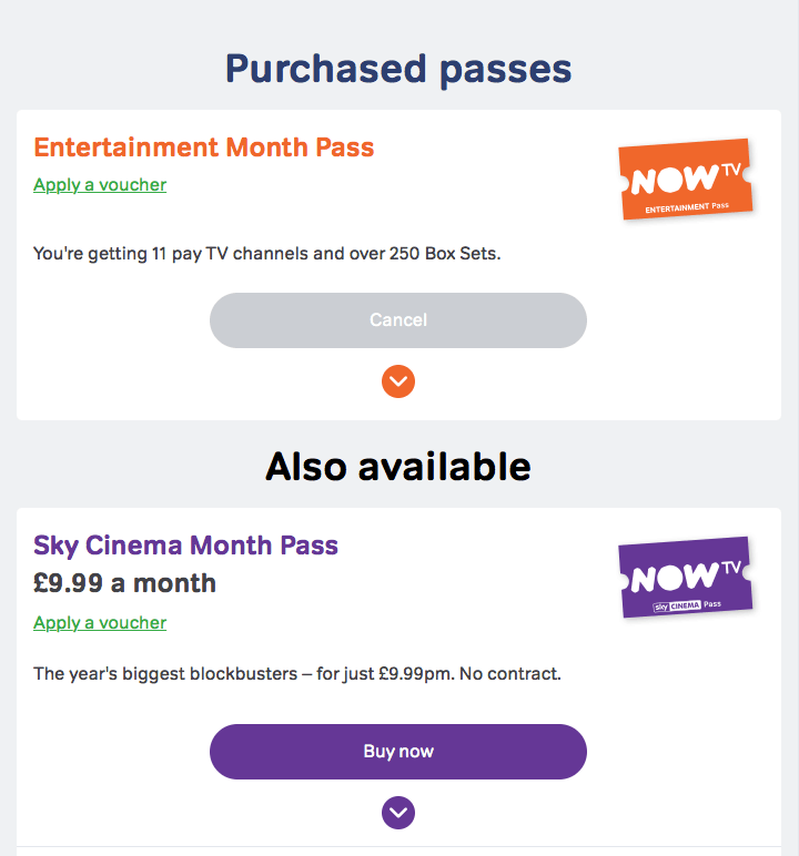 Bad UX - Step 1 - The grey-coloured ‘Cancel’ button looks disabled at first glance — Source: NowTV account pages