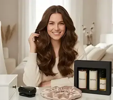 Frau mit gesunden Haaren sitzt vor Satinhaube und Pflegeprodukte für die Haare Tipps gegen verknotete Haare