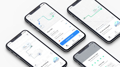Screenshots of what the Waymo One app looks like during multiple stages of the riding process