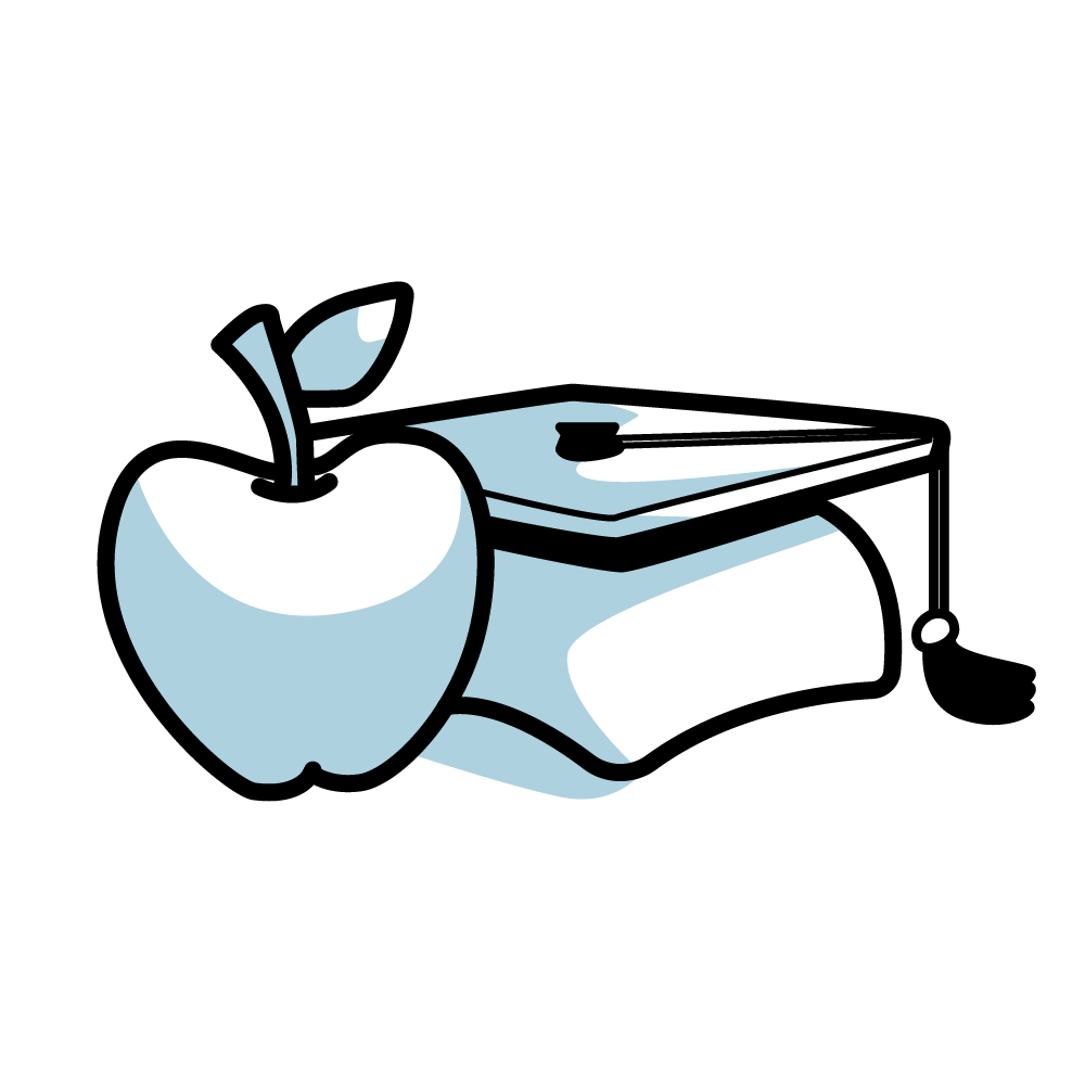 Graphic of an apple sat in front of a mortarboard