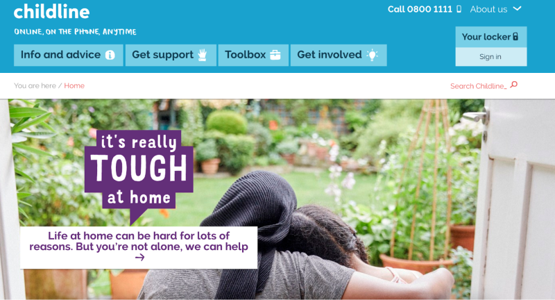 Homepage of Childline’s website showing a picture of an adult putting a protective arm around a young person’s shoulder