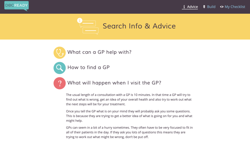 A screenshot of DocReady's webpage explaining what to expect from a visit to the GP