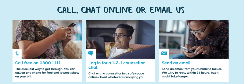 A screenshot from the Childline website with different channels of communication 