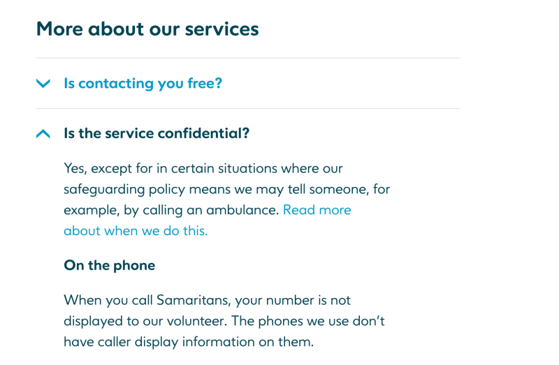 Screenshot of Samaritans website showing information about confidentiality on the phone