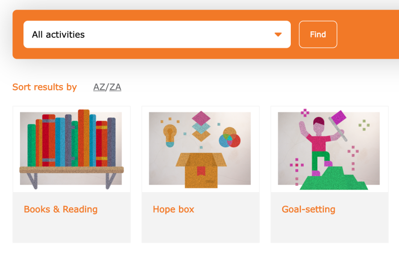 Screenshot of self-care collection showing books and reading, hope box, goal setting.