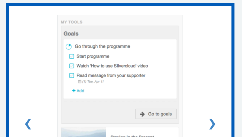 A screenshot of the SilverCloud app on a phone with headings 'go through the programme', 'start programme' etc. 