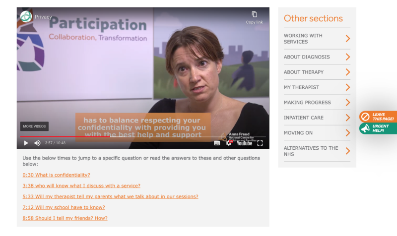 Screenshot of Anna Freud’s website showing a page dedicated to privacy with an interview video of a therapist answering questions about confidentiality