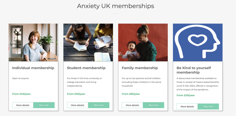 Image of 4 of the memberships available on Anxiety UK’s website