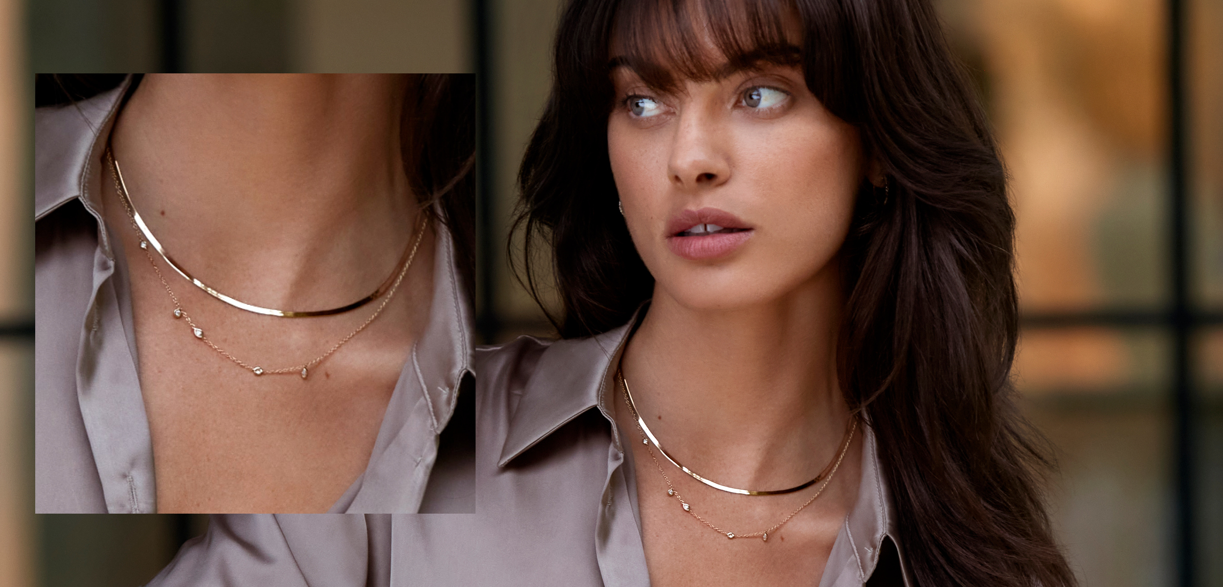 A Serendipity diamond necklace layered with a gold chain