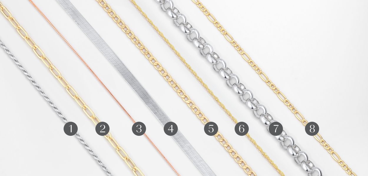 Flatlay of eight different types of chains