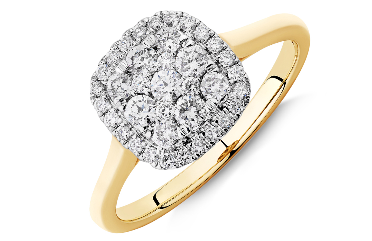 yellow gold princess shaped cluster style engagement ring