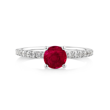 ruby engagement ring with diamonds on band
