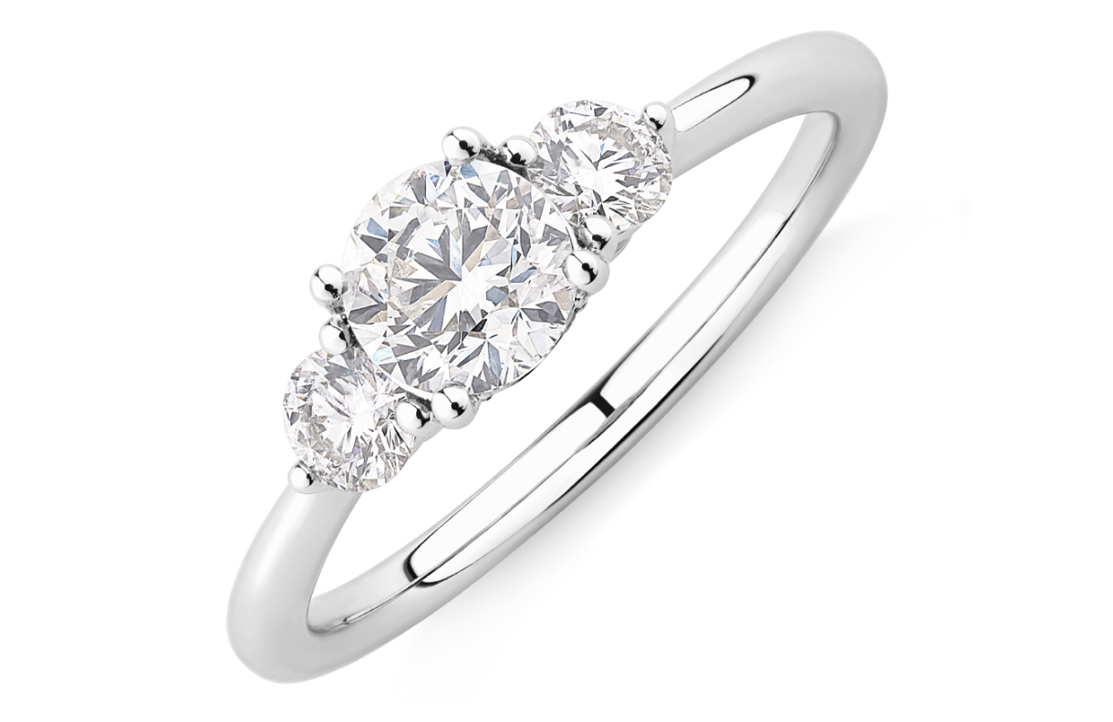 white gold three stone engagement ring style