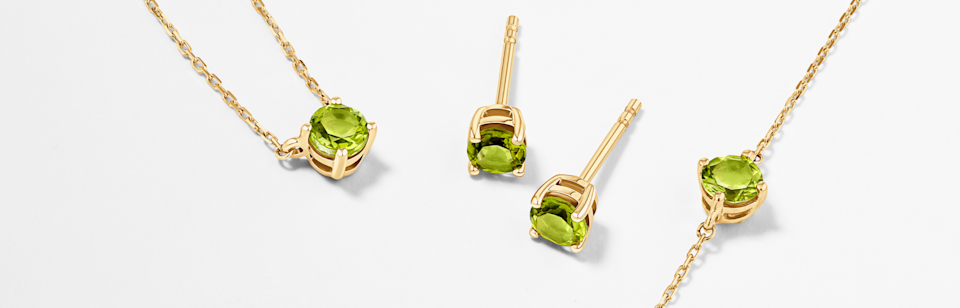 august birthstone peridot necklace bracelet earrings in gold