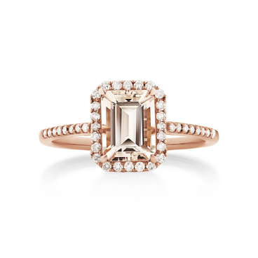 morganite engagement ring with diamond halo in rose gold