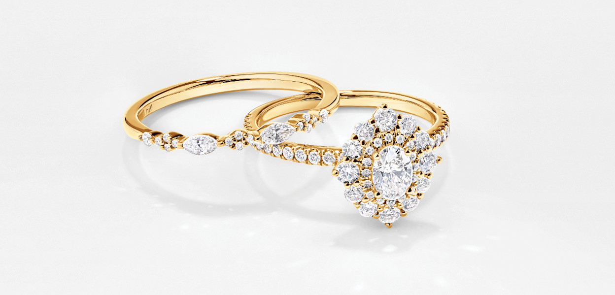 Yellow Gold Vintage Style Diamond Engagement Ring and Wedding Band