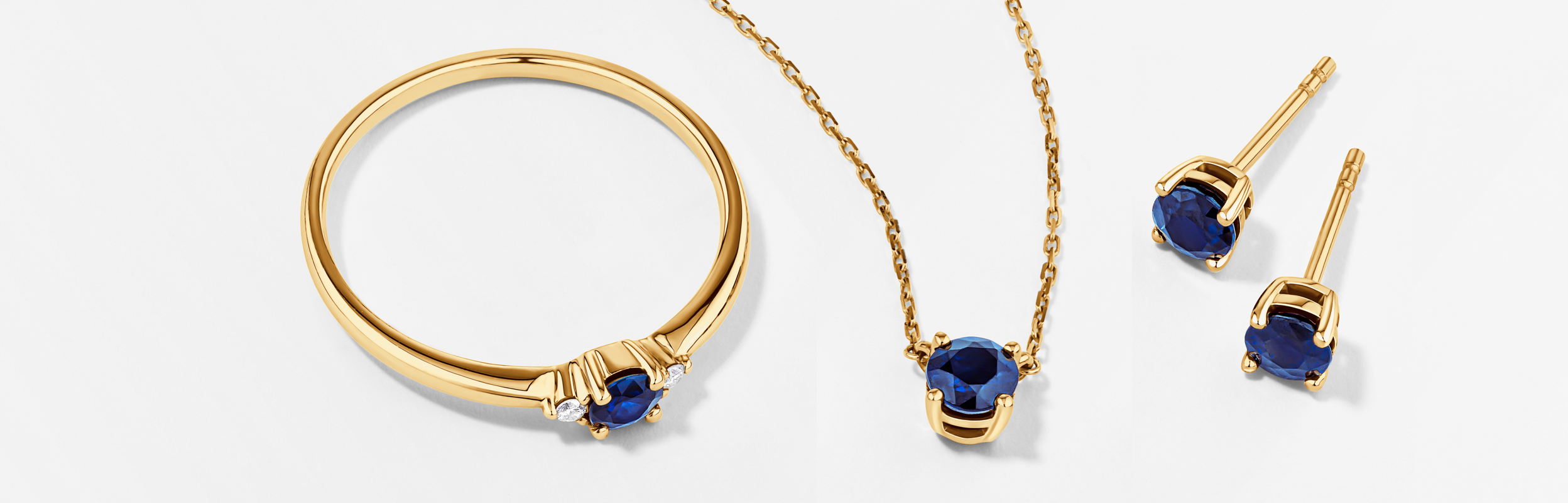 september birthstone sapphire necklace ring earrings in gold