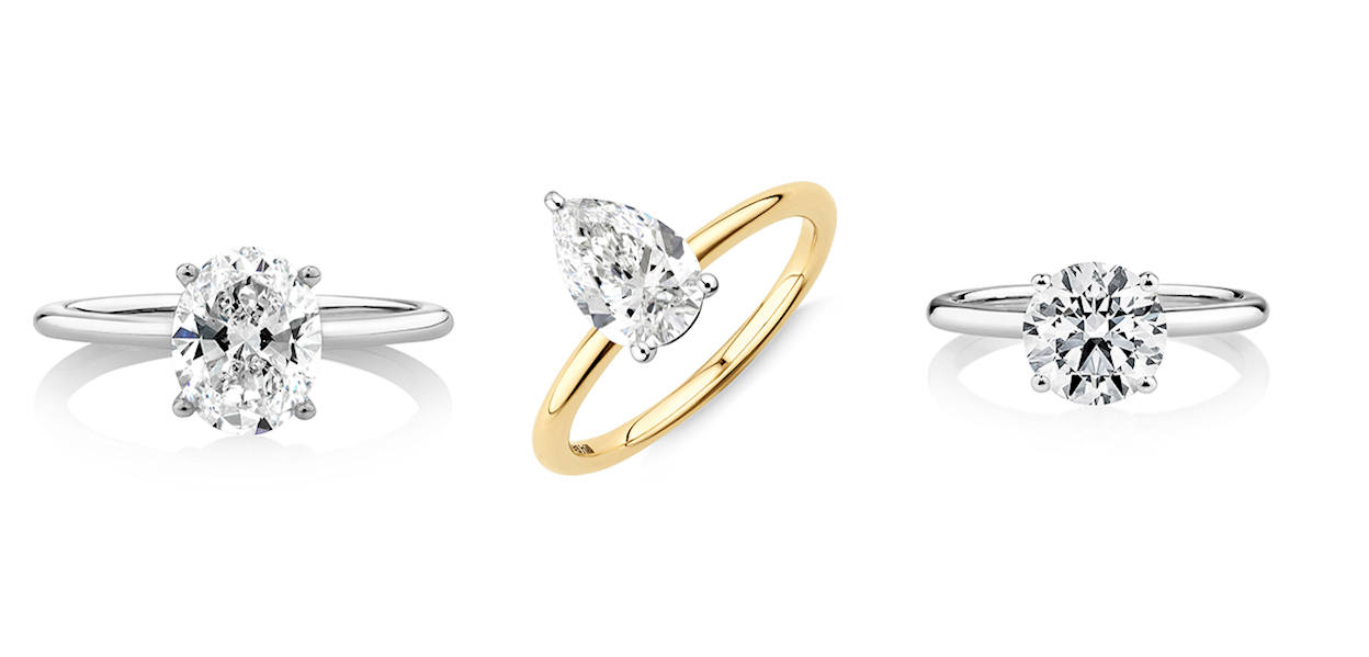 Grandes bagues de fiançailles solitaires avec diamants de taille ovale, poire et brillant rond