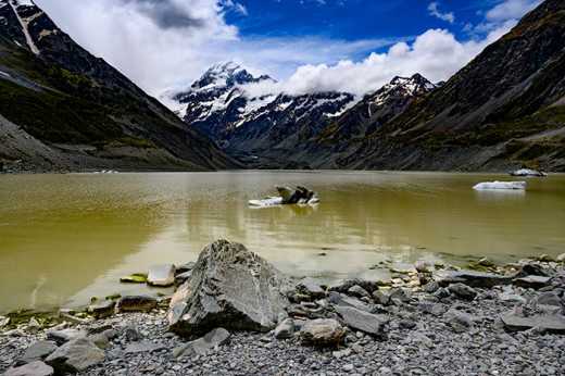 Photograph looking across Hooker Lake to Aoraki/Mount Cook and the Southern Alps.