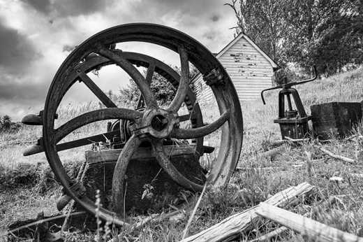 Photograph of old water wheel used to power saw mill.