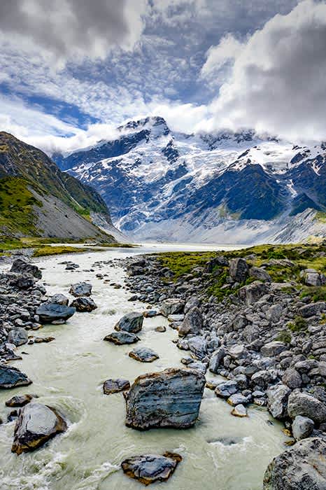 Photograph of the Hooker River with Aoraki/Mount Cook rising up beyond.
