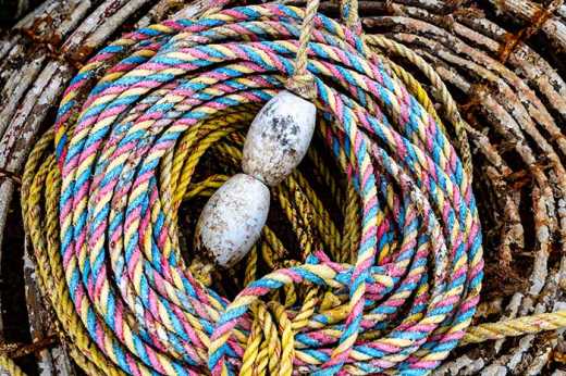 Photograph of brightly colored coiled fishing rope at harbor side.