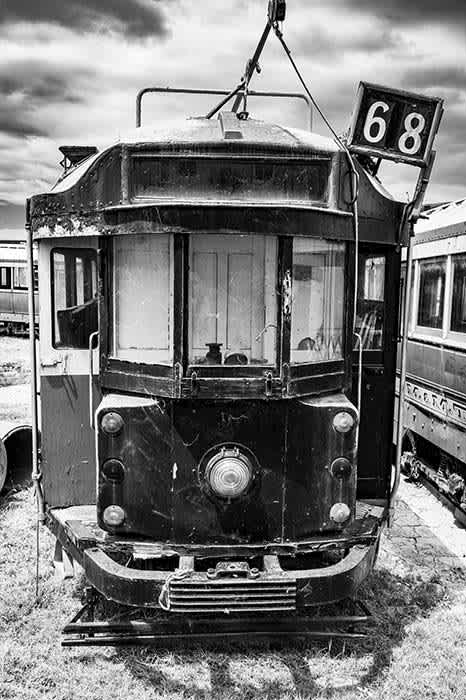 Black & White photograph of abandoned 68 tram.