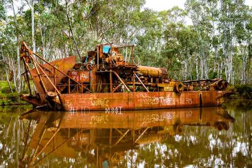 Photograph of abandoned gold dredge that operated between 1973 and 1984 just outside of Maldon.