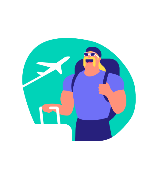man in backpack with handlebar mustache and luggage in hand with airplane in background illustration
