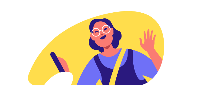 person with glasses smiling with hand up illustration