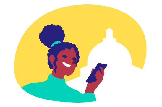 woman looking at phone in hand with capitol government building in background illustration