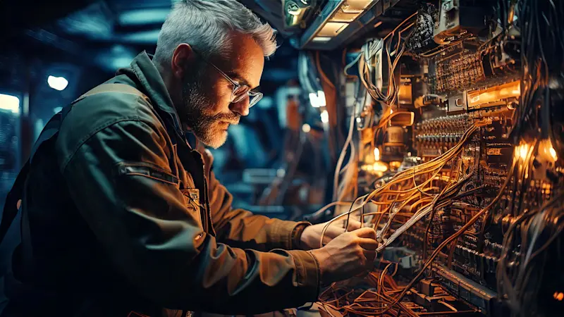 Mechanic connecting wires onboard a retro-futuristic space ship