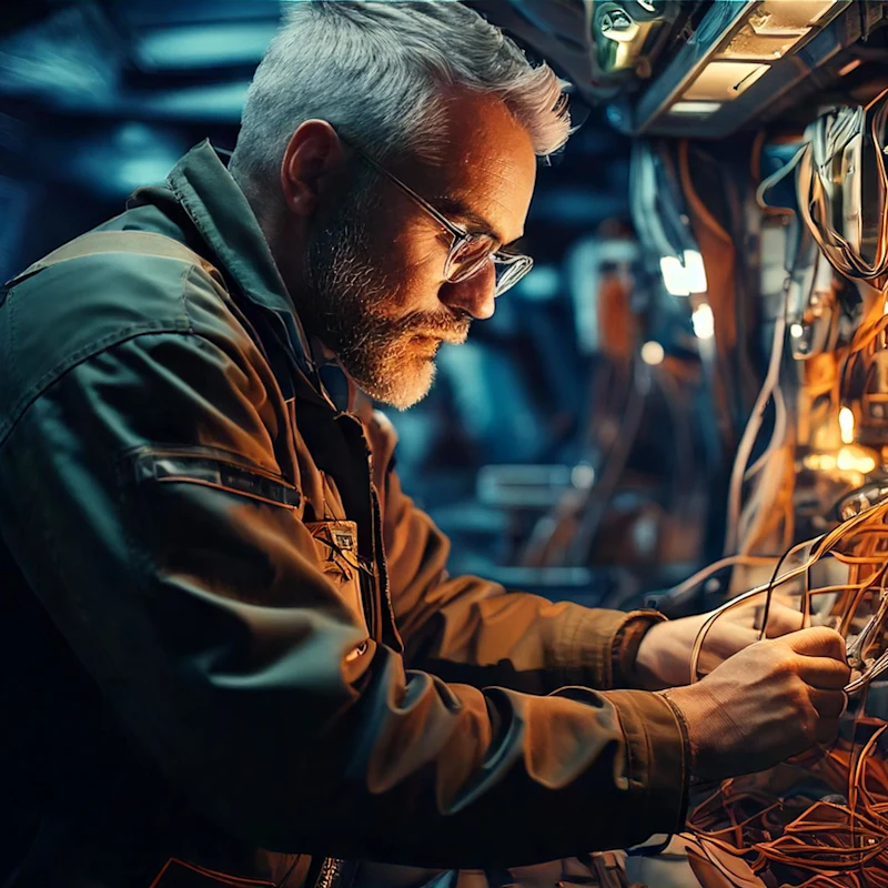 Ingenjör kopplar ihop sladdar