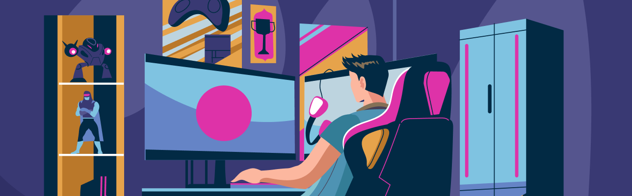 Illustration of a man sitting at a desk streaming video games (cover image)