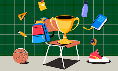 Illustration of a trophy on a chair with floating items surrounding (thumbnail)