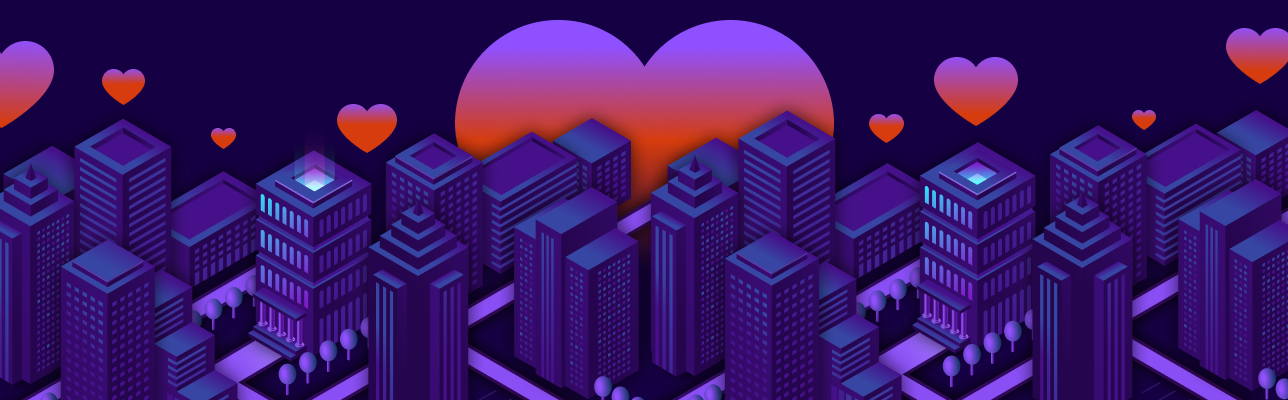 Illustration of skyscrapers with hearts floating behind (cover Image)