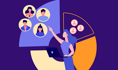 Illustration of a women standing in front of a pie chart (Thumbnail)