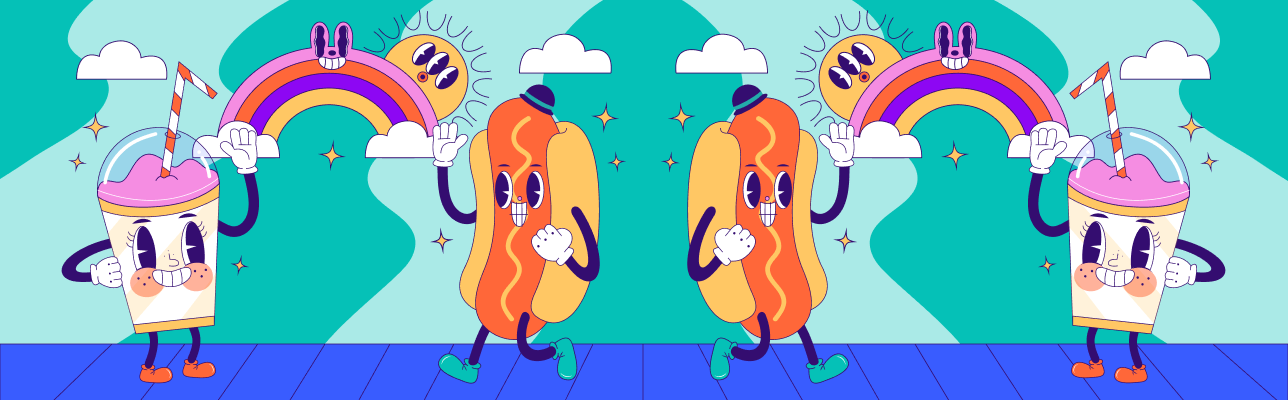 Feel Good Marketing Banner Image with illustrations of happy cartoons