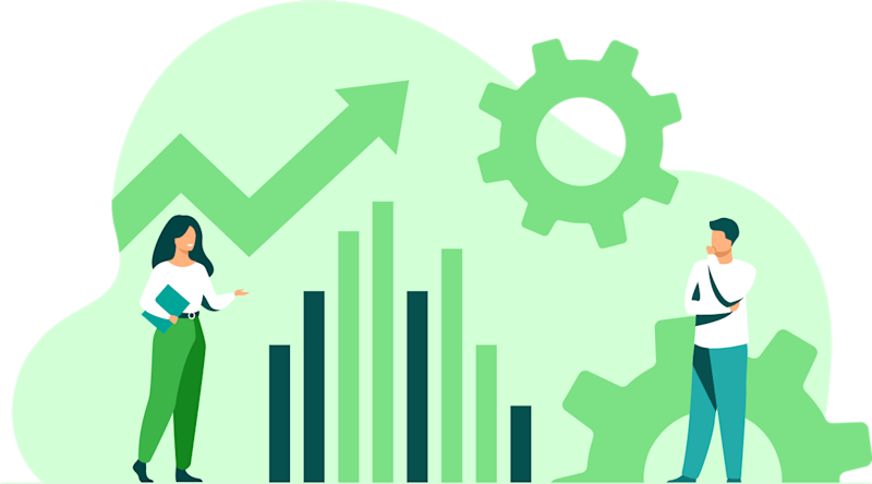 Illustration of two people in front of dashboard elements in green colors