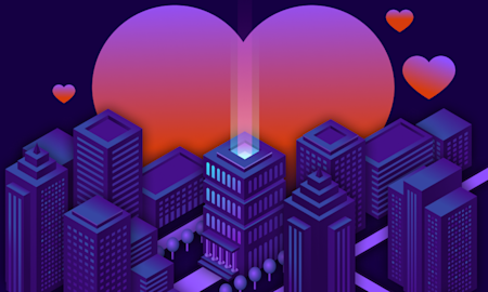 Illustration of skyscrapers with hearts floating behind (thumbnail)
